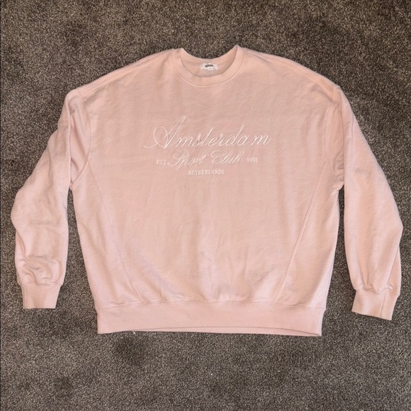 Garage Cozy Pink Crewneck Sweater with Embroidered Text - Picture 1 of 7